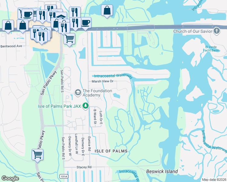 map of restaurants, bars, coffee shops, grocery stores, and more near 14637 Crystal View Lane in Jacksonville