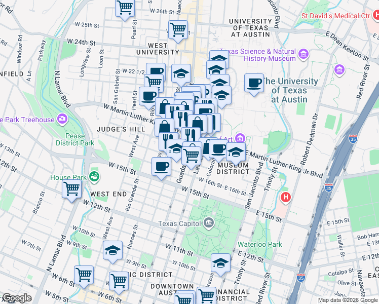 map of restaurants, bars, coffee shops, grocery stores, and more near 1715 Guadalupe Street in Austin