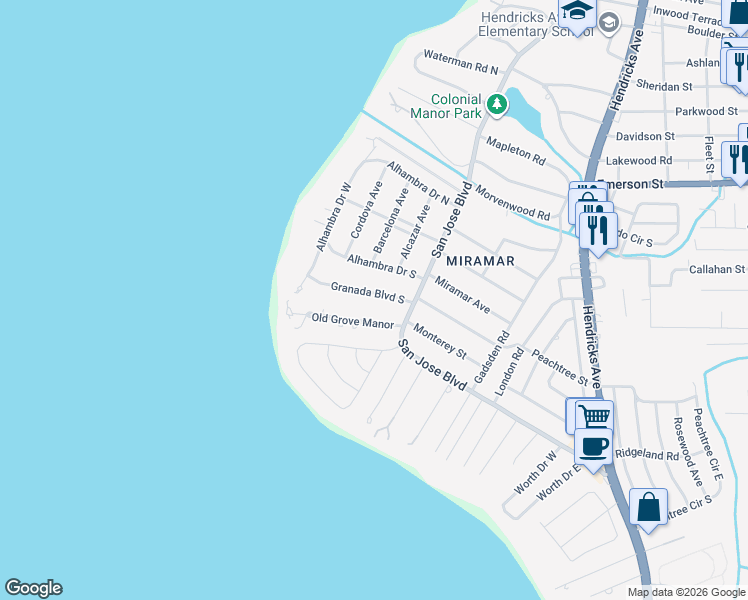 map of restaurants, bars, coffee shops, grocery stores, and more near 846 Granada Boulevard in Jacksonville