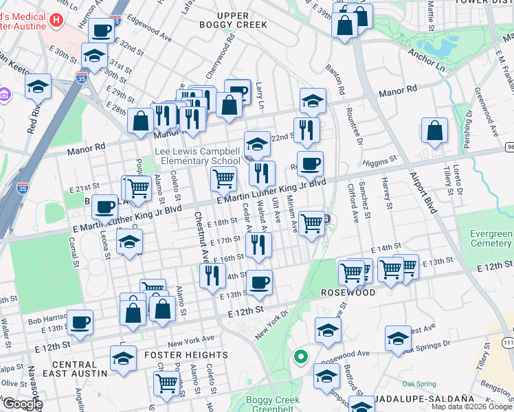 map of restaurants, bars, coffee shops, grocery stores, and more near 1806 Walnut Avenue in Austin