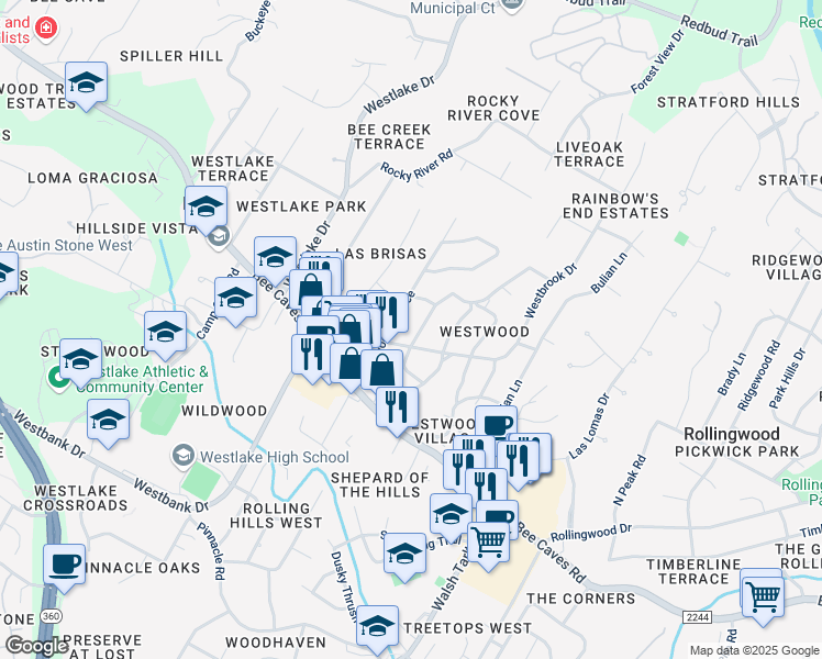 map of restaurants, bars, coffee shops, grocery stores, and more near 305 Laurelwood Trail in Austin