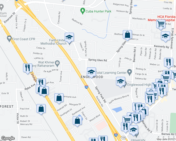 map of restaurants, bars, coffee shops, grocery stores, and more near 4261 Spring Park Road in Jacksonville