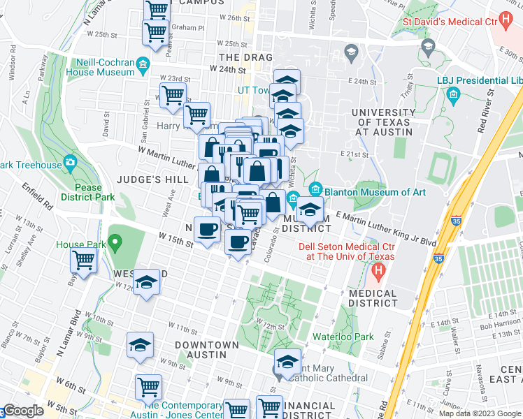 map of restaurants, bars, coffee shops, grocery stores, and more near 1800 Lavaca Street in Austin