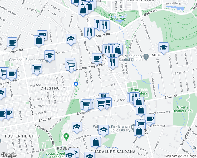 map of restaurants, bars, coffee shops, grocery stores, and more near 1704 Harvey Street in Austin