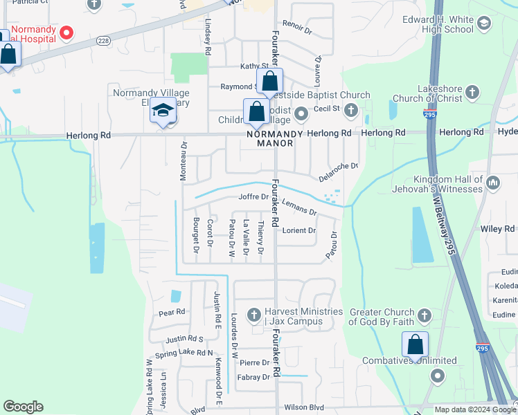map of restaurants, bars, coffee shops, grocery stores, and more near 8029 Patou Drive North in Jacksonville