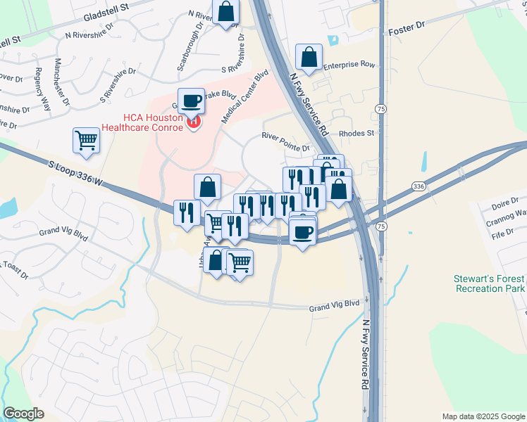 map of restaurants, bars, coffee shops, grocery stores, and more near 1600 River Pointe Drive in Conroe