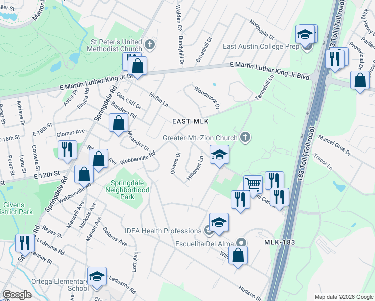 map of restaurants, bars, coffee shops, grocery stores, and more near 1734 Bunche Road in Austin