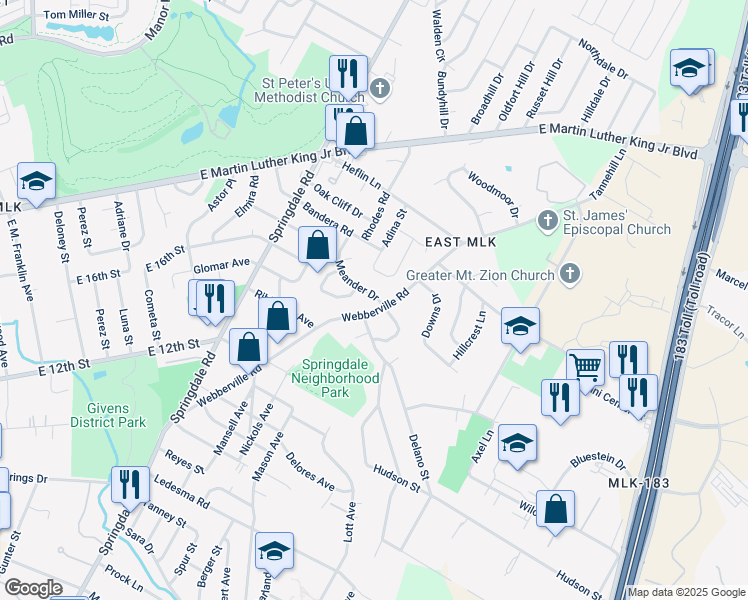 map of restaurants, bars, coffee shops, grocery stores, and more near 1603 Meander Drive in Austin