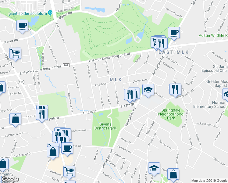 map of restaurants, bars, coffee shops, grocery stores, and more near 1312 Cometa Street in Austin