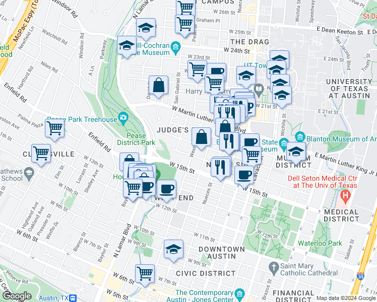 map of restaurants, bars, coffee shops, grocery stores, and more near 806 West 16th Street in Austin