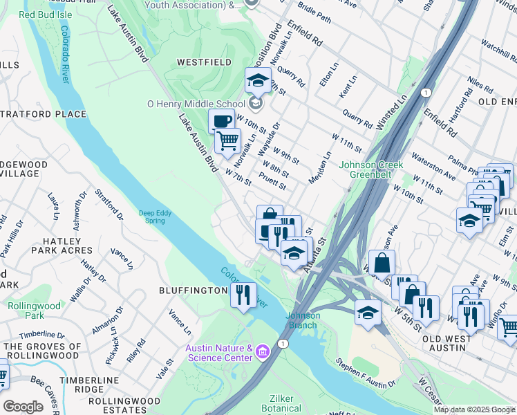 map of restaurants, bars, coffee shops, grocery stores, and more near 2600 Lake Austin Boulevard in Austin