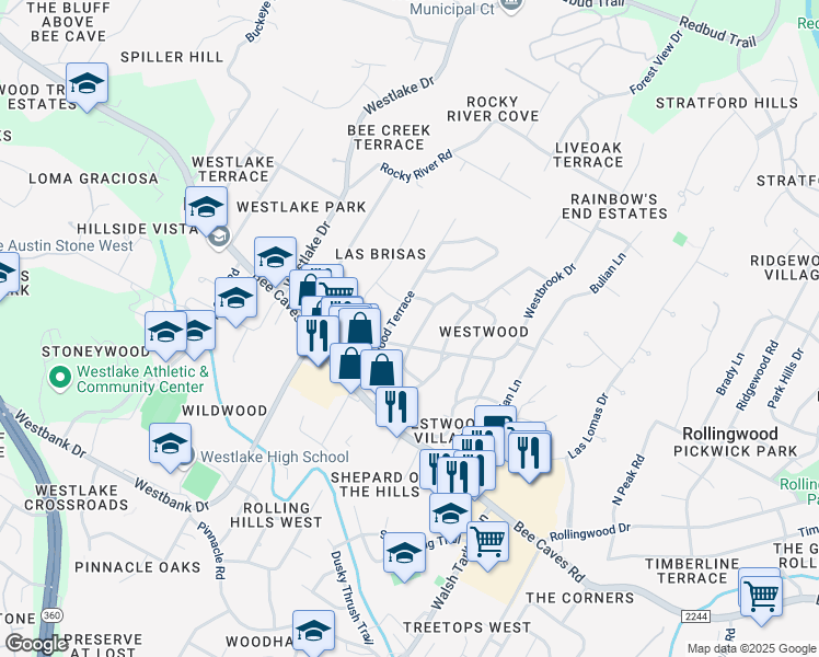 map of restaurants, bars, coffee shops, grocery stores, and more near 305 Laurelwood Trail in Austin
