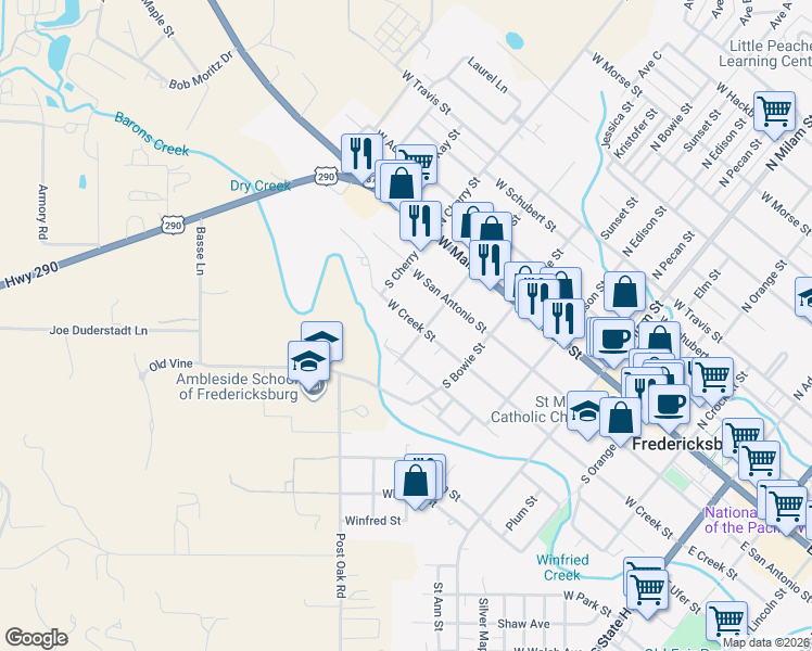 map of restaurants, bars, coffee shops, grocery stores, and more near 212 South Acorn Street in Fredericksburg