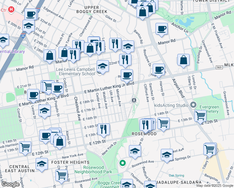 map of restaurants, bars, coffee shops, grocery stores, and more near 1802 Miriam Avenue in Austin