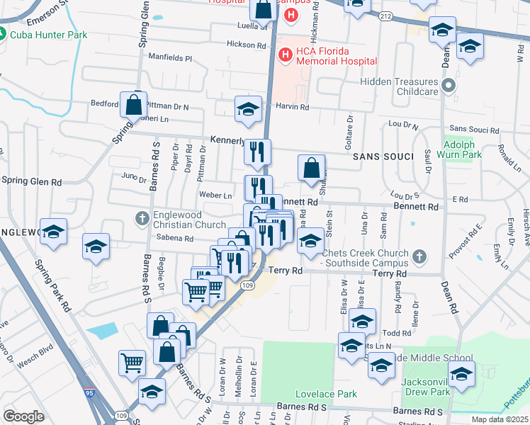 map of restaurants, bars, coffee shops, grocery stores, and more near 4210 State Highway 109 A in Jacksonville