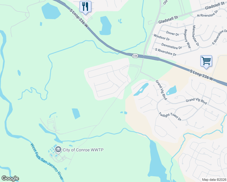 map of restaurants, bars, coffee shops, grocery stores, and more near 454 Oak Chase Drive in Conroe