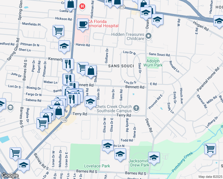 map of restaurants, bars, coffee shops, grocery stores, and more near 2412 Una Drive in Jacksonville