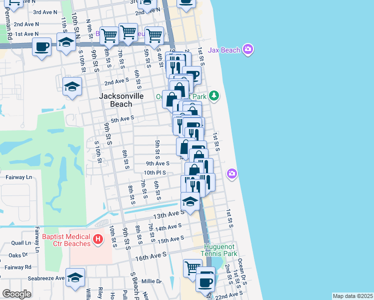 map of restaurants, bars, coffee shops, grocery stores, and more near 815 Florida A1A in Jacksonville Beach