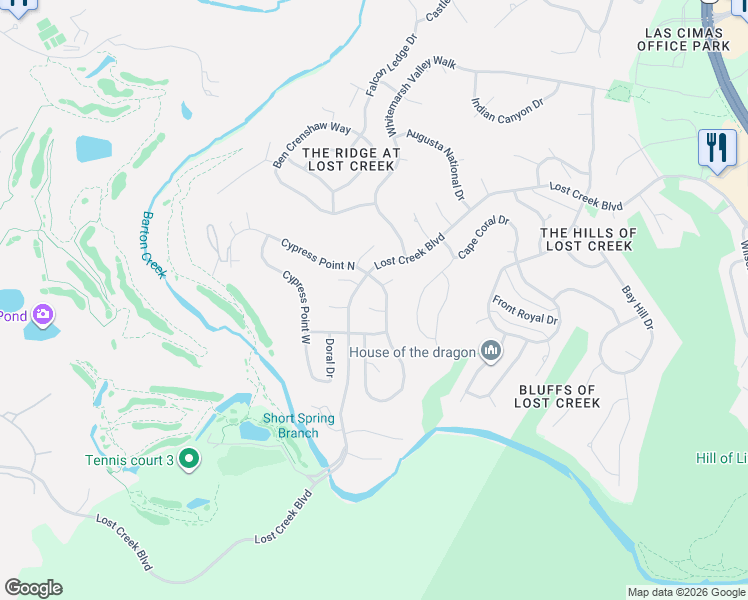 map of restaurants, bars, coffee shops, grocery stores, and more near 6302 Southern Hills Place in Austin