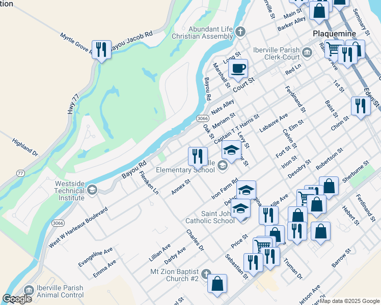 map of restaurants, bars, coffee shops, grocery stores, and more near 58710 Hasse Street in Plaquemine