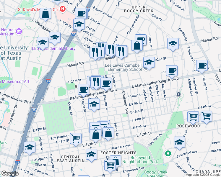 map of restaurants, bars, coffee shops, grocery stores, and more near 2102 East Martin Luther King Junior Boulevard in Austin
