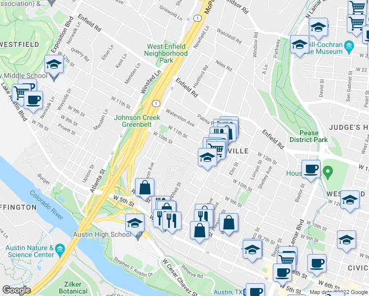 map of restaurants, bars, coffee shops, grocery stores, and more near 1710 West 10th Street in Austin