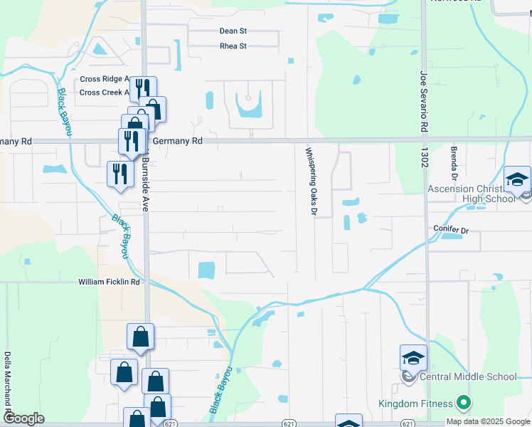 map of restaurants, bars, coffee shops, grocery stores, and more near 41260 Courtney Road in Gonzales