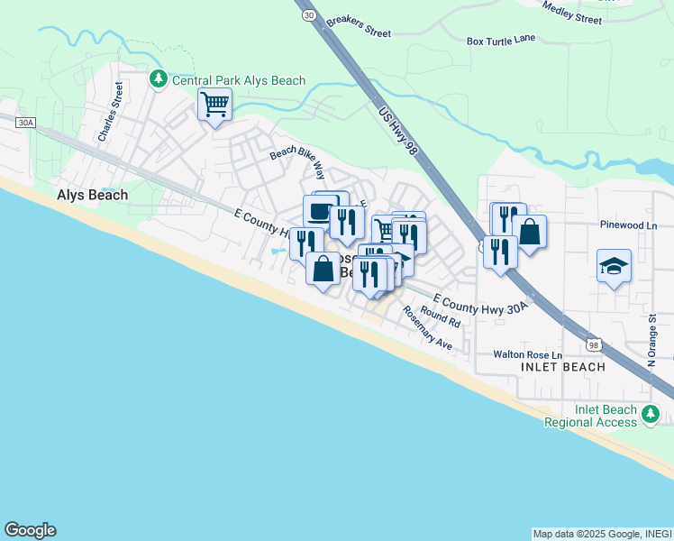 map of restaurants, bars, coffee shops, grocery stores, and more near 53 Geoff Wilder Lane in Rosemary Beach