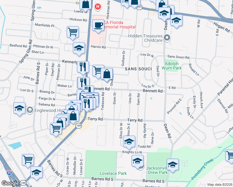 map of restaurants, bars, coffee shops, grocery stores, and more near 2413 Stein Street in Jacksonville