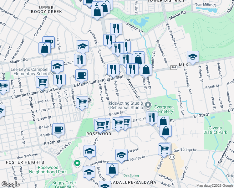 map of restaurants, bars, coffee shops, grocery stores, and more near 1704 Harvey Street in Austin