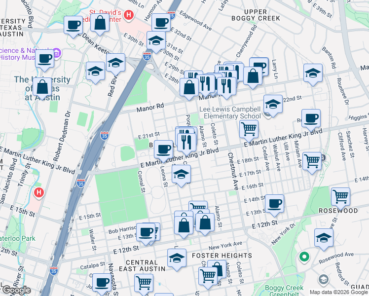 map of restaurants, bars, coffee shops, grocery stores, and more near 1905 Chicon Street in Austin