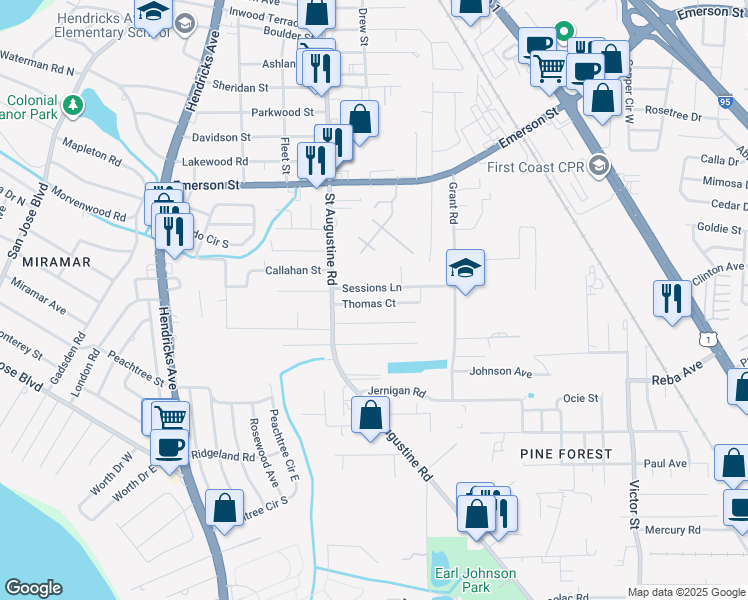 map of restaurants, bars, coffee shops, grocery stores, and more near 2105 Thomas Ct in Jacksonville