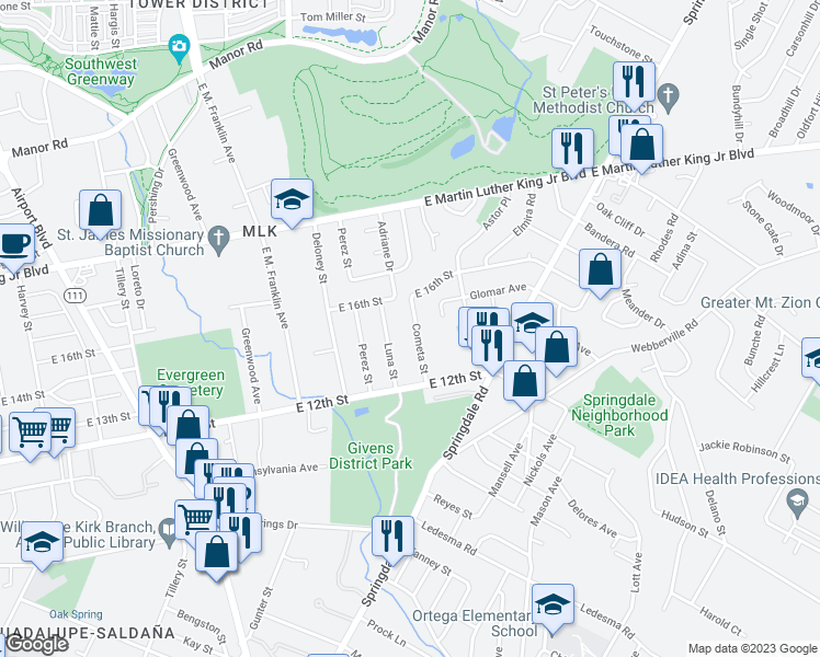 map of restaurants, bars, coffee shops, grocery stores, and more near 1312 Cometa Street in Austin