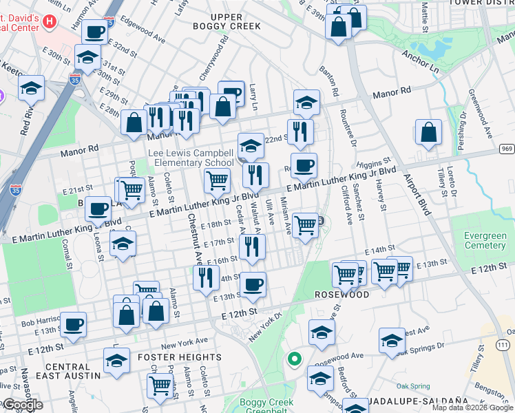 map of restaurants, bars, coffee shops, grocery stores, and more near 1807 Walnut Avenue in Austin