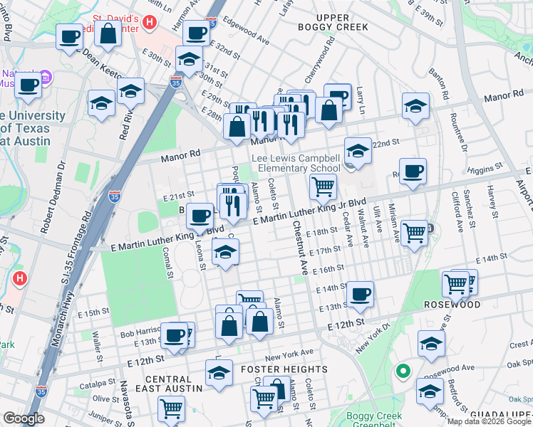 map of restaurants, bars, coffee shops, grocery stores, and more near 2102 East Martin Luther King Junior Boulevard in Austin