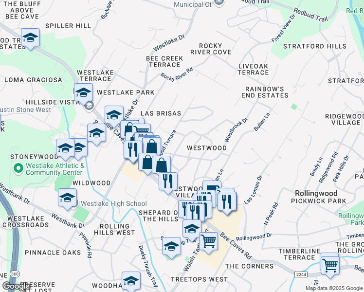 map of restaurants, bars, coffee shops, grocery stores, and more near 305 Laurelwood Trail in Austin