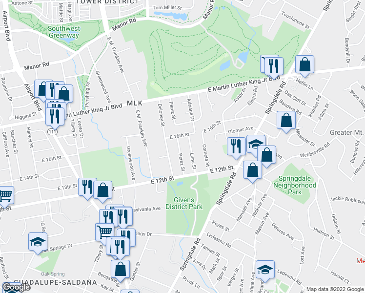map of restaurants, bars, coffee shops, grocery stores, and more near 1403 Perez Street in Austin