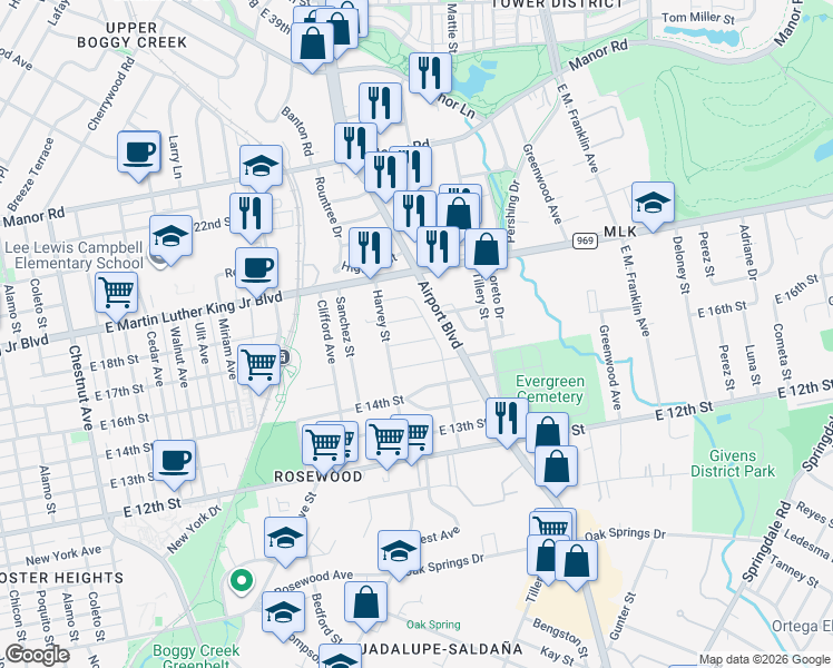 map of restaurants, bars, coffee shops, grocery stores, and more near 3014 East 17th Street in Austin