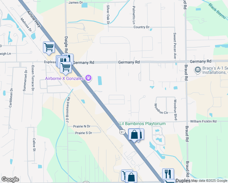 map of restaurants, bars, coffee shops, grocery stores, and more near 39242 Redbud Road in Gonzales