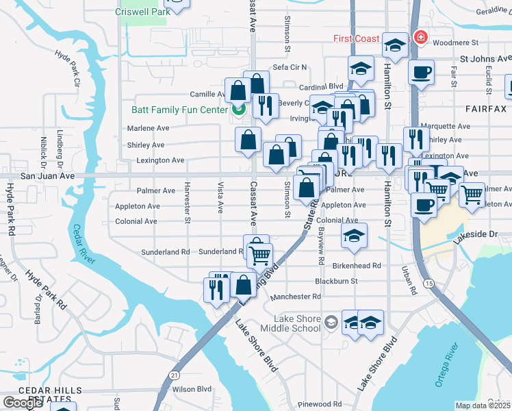 map of restaurants, bars, coffee shops, grocery stores, and more near 4854 Appleton Avenue in Jacksonville