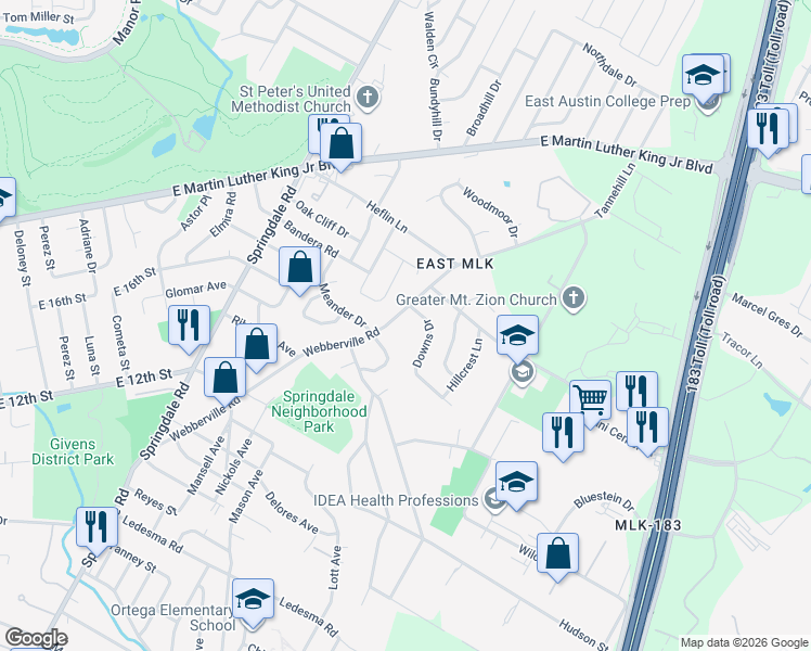 map of restaurants, bars, coffee shops, grocery stores, and more near 1615 1/2 Webberville Road in Austin