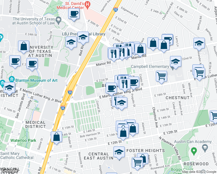 map of restaurants, bars, coffee shops, grocery stores, and more near Leona St & E 20th St in Austin