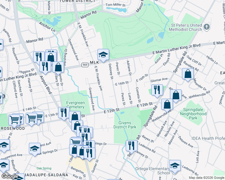 map of restaurants, bars, coffee shops, grocery stores, and more near 1406 Deloney Street in Austin