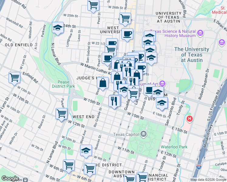 map of restaurants, bars, coffee shops, grocery stores, and more near 1700 Nueces Street in Austin