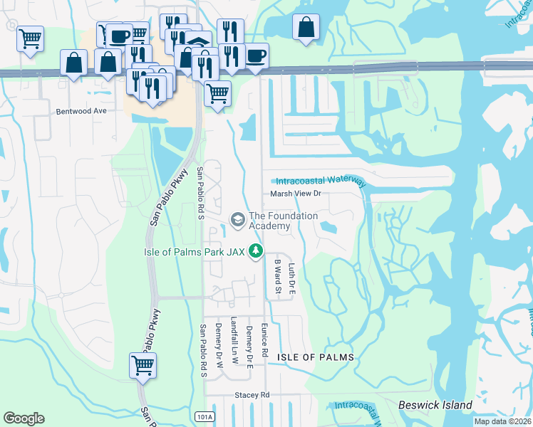 map of restaurants, bars, coffee shops, grocery stores, and more near 3569 Eunice Road in Jacksonville