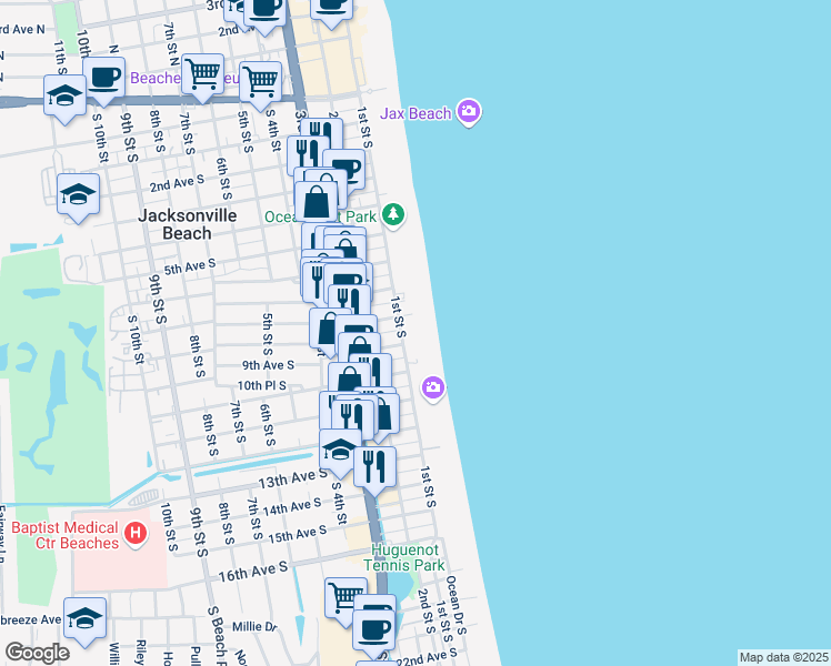 map of restaurants, bars, coffee shops, grocery stores, and more near 829 1st Street South in Jacksonville Beach