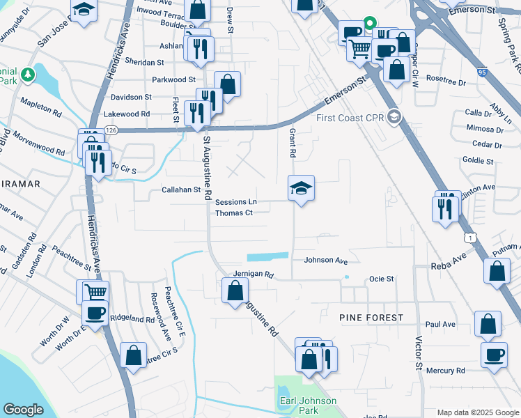 map of restaurants, bars, coffee shops, grocery stores, and more near 2163 Thomas Court in Jacksonville