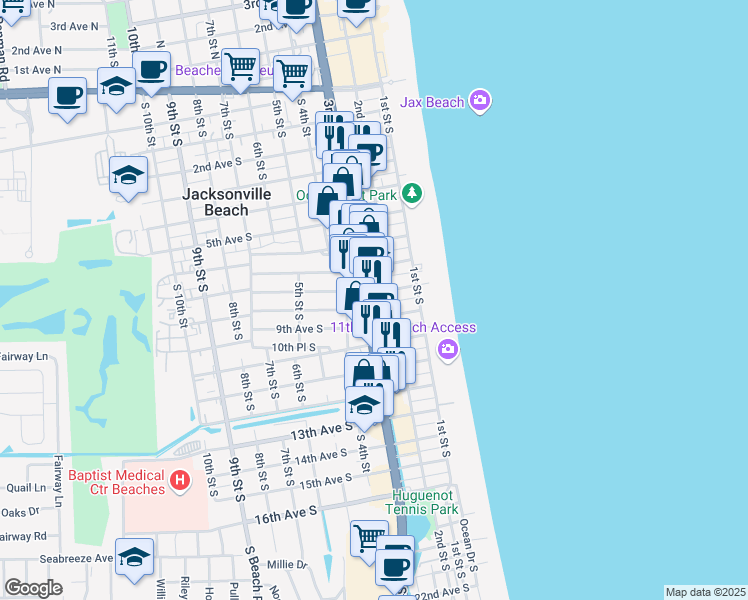 map of restaurants, bars, coffee shops, grocery stores, and more near 815 Florida A1A in Jacksonville Beach