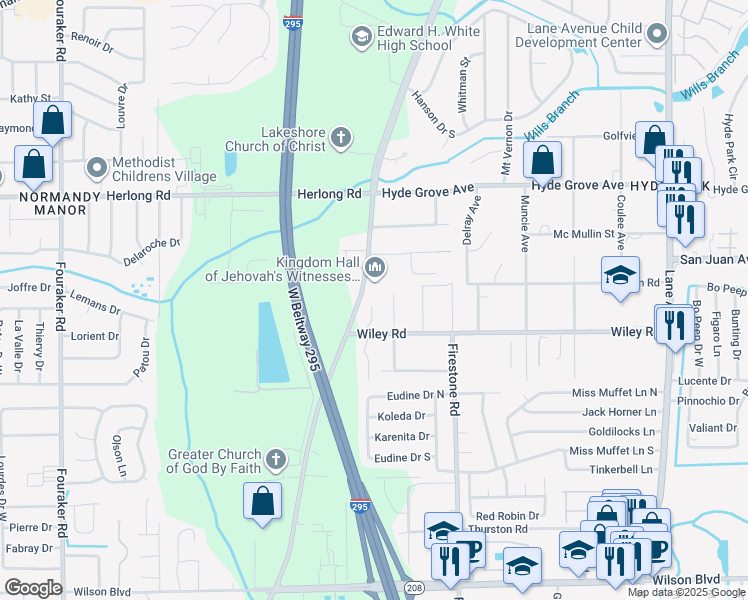 map of restaurants, bars, coffee shops, grocery stores, and more near 2001 Wiley Oaks Lane in Jacksonville