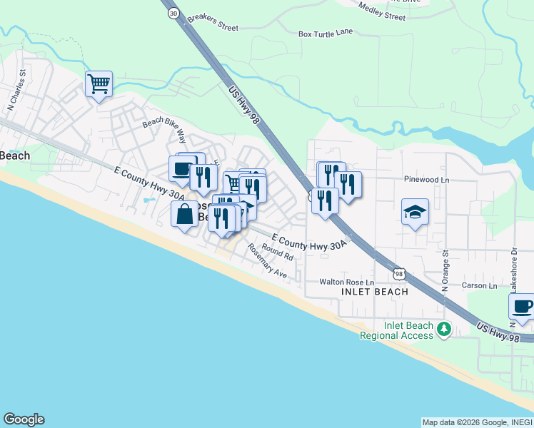 map of restaurants, bars, coffee shops, grocery stores, and more near 108 Bourne Lane in Rosemary Beach